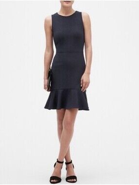 BANANA REPUBLIC WOMENS TEXTURED FLOUNCE HEM SHEATH DRESS IN NAVY-SIZE 4